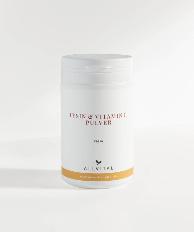 Allvital Lysin und Vitamin C Pulver vegan. Gut für die Kollagenbildung, Blutgefäße, Knochen, Knorpel, Haut und Zähne. Schützt vor oxidativen Stress. Allvital Lysin und Vitamin C Pulver vegan. Gut für die Kollagenbildung, Blutgefäße, Knochen, Knorpel, Haut und Zähne. Schützt vor oxidativen Stress.