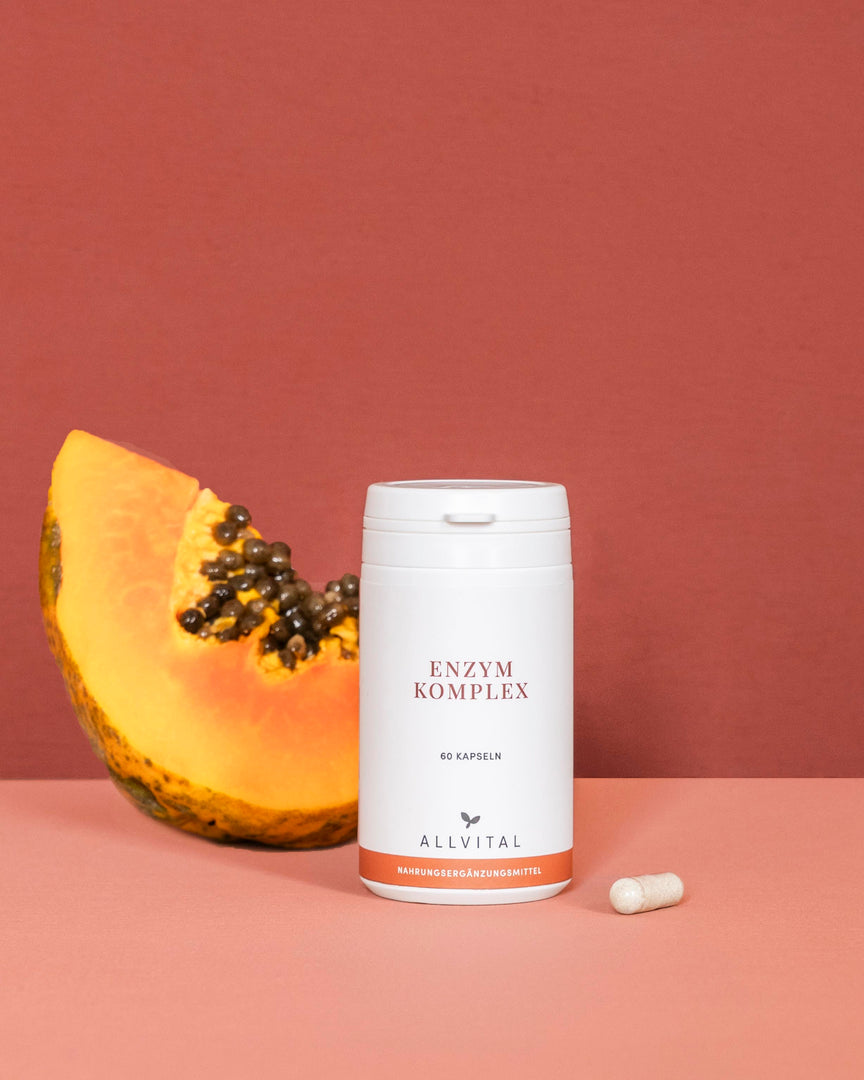 Enzym Komplex von Allvital enthält die wichtigen Verdauungsenzyme Amylase, Protease, Lactase, Lipase und Cellulase sowie sekundäre Pflanzenstoffe und Bitterstoffe