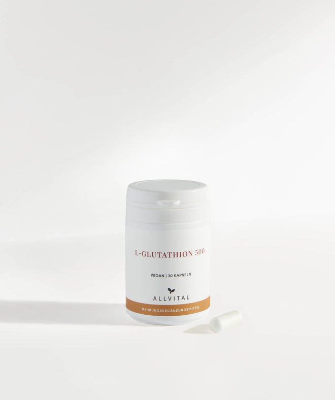 Allvital L-Glutathion 500 vegan enthält reduziertes L-Glutathion. Bei Stress und im Alter. Wirkt antioxidativ, entgiftet und unterstützt das Immunsystem. 