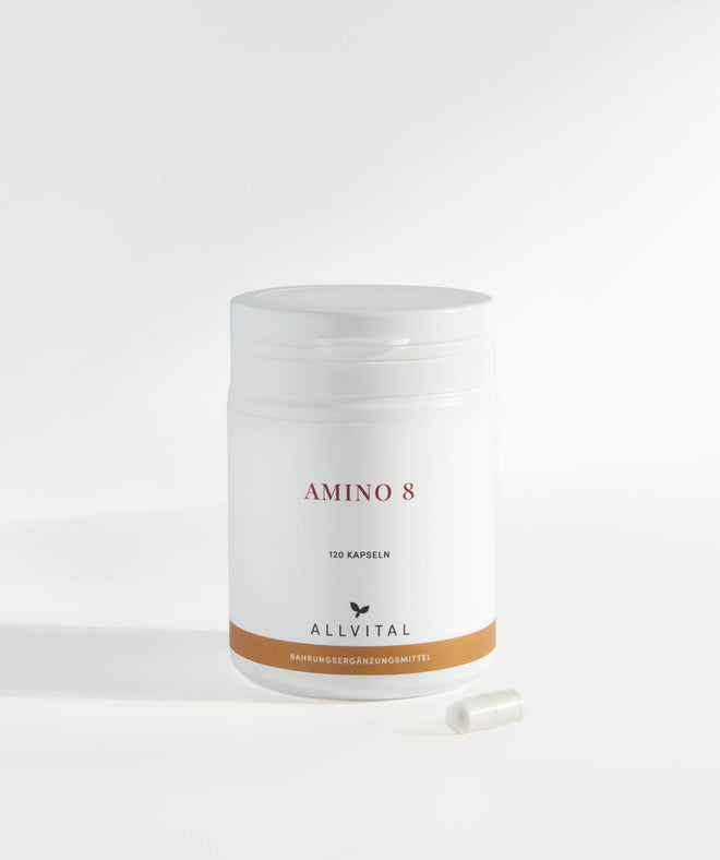 Allvital Amino 8 enthält alle 8 essentiellen Aminosäuren. Aminosäuren sind die Bausteine aller Proteine. Unterstützung von Muskelwachstum. 