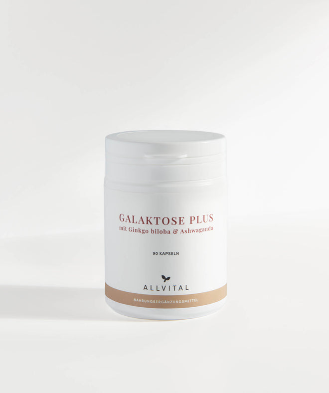 Allvital Galaktose Plus in Kombination mit B-Vitaminen und ganzheitlichem Kräuterkomplex mit Ginkgo biloba und Ashwaganda. Für ein gesundes Nervensystem und eine gesunde Psyche.