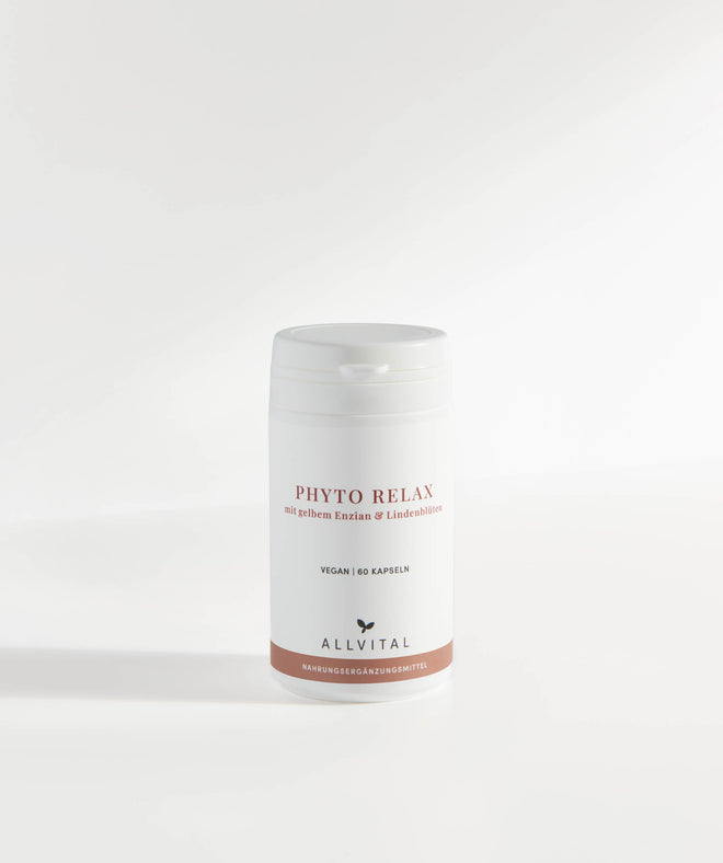 Allvital Phyto Relax ist ein veganes Kräuterpräparat mit gelbem Enzian, Lindenblüten und Passionsblume zur Unterstützung der Verdauung und Entspannung.