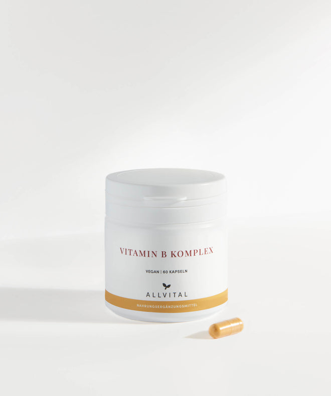 Allvital Vitamin B Komplex. Hochdosierte Kombination aller acht B-Vitamine. Zur Verringerung von Müdigkeit und Stress. Für eine gesundes Nervensystem.