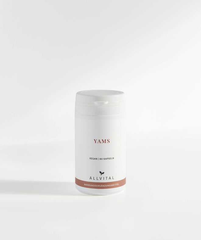 Allvital Yams vegan enthält Yamswurzelextrakt und Yamswurzelpulver mit hohem Diosgeningehalt. Zur Unterstützung bei Wechseljahresbeschwerden.